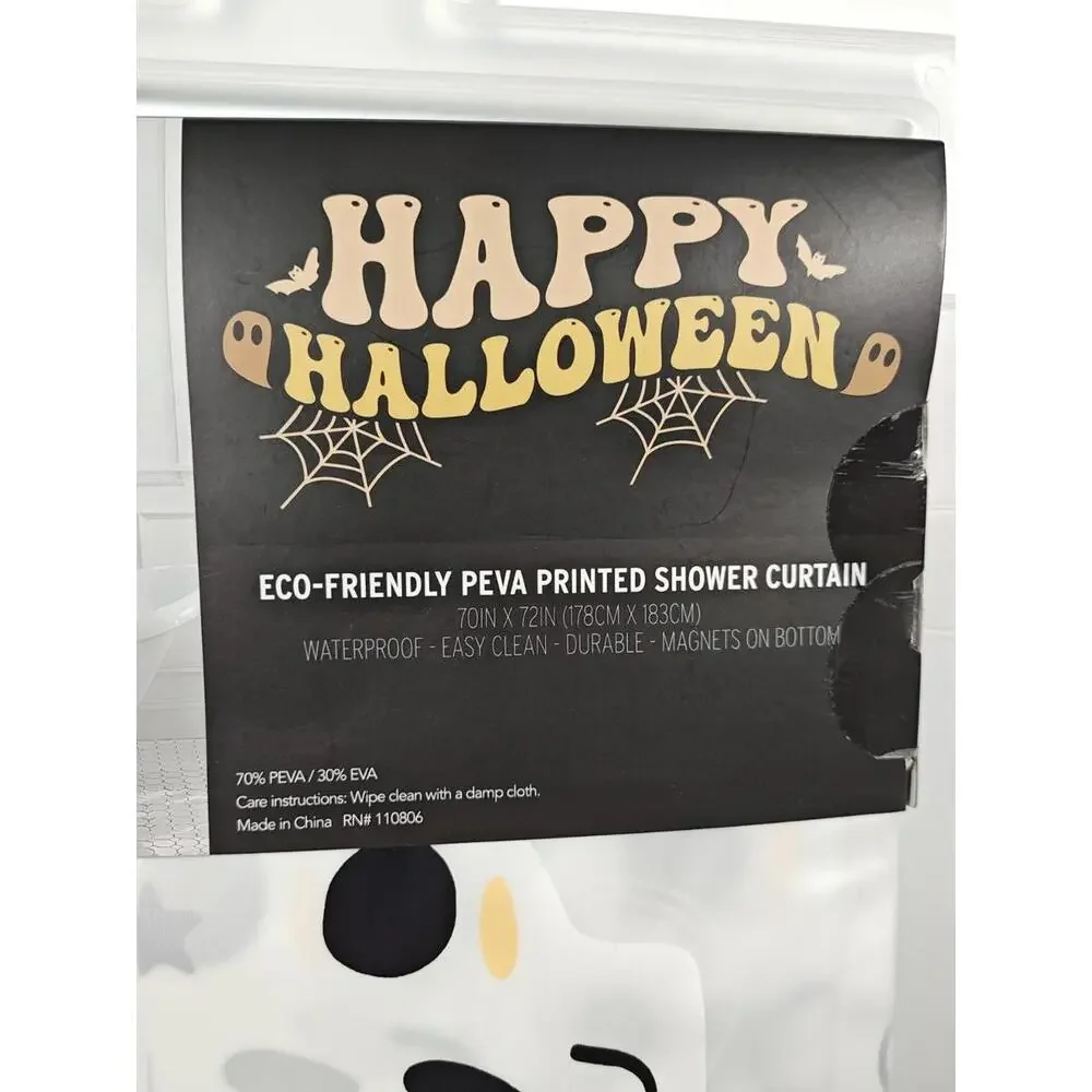 Happy Halloween Shower Curtain Eco Peva 70”x 72” Bats Skulls Stars Moon NWT